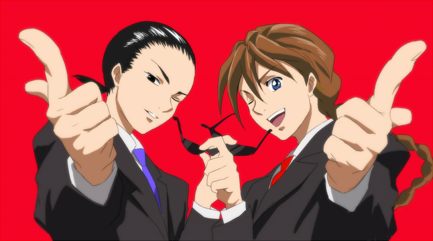 2boys alternate_costume black_hair braid brown_hair chang_wufei duo_maxwell enemy32 formal free! gundam gundam_wing holding holding_eyewear lips long_hair looking_at_viewer male_focus multiple_boys necktie one_eye_closed open_mouth parody parted_lips pointing pointing_at_viewer ponytail purple_neckwear red_background red_neckwear single_braid smile suit sunglasses upper_body