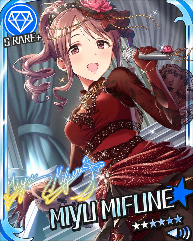 blush brown_eyes brown_hair character_name dress idolmaster idolmaster_cinderella_girls long_hair mifune_miyu ponytail stars