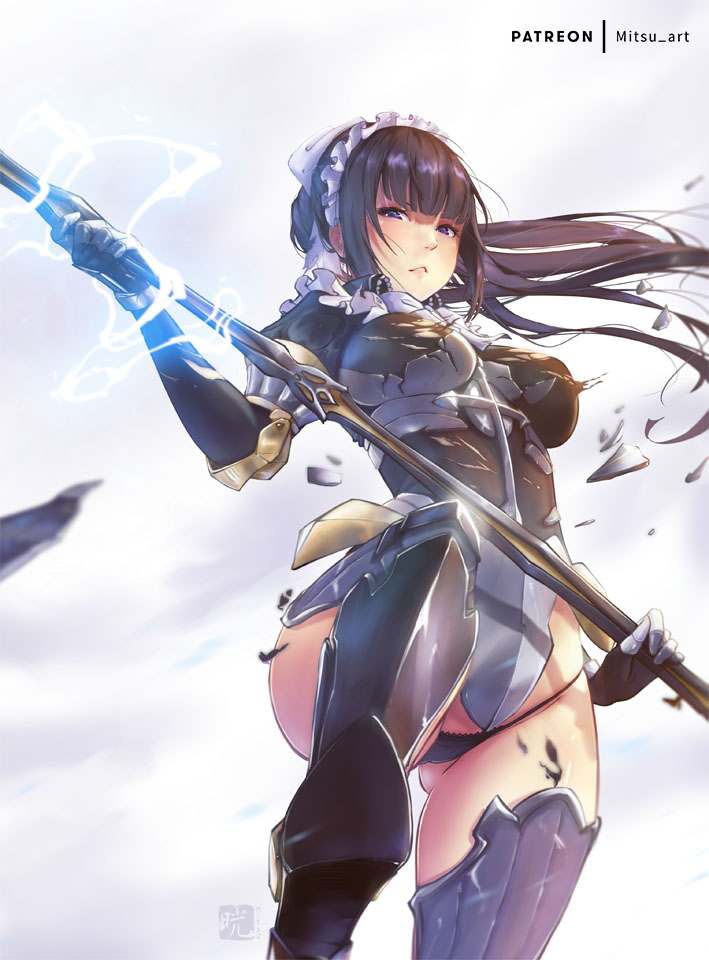 1girl armored_boots ass_visible_through_thighs bangs black_gloves black_hair black_legwear black_panties blue_eyes blunt_bangs boots bow elbow_gloves electricity floating_hair from_below gloves hair_bow holding holding_staff leg_up long_hair maid_headdress mitsu_(mitsu_art) narberal_gamma overlord_(maruyama) panties shattered shiny shiny_hair solo staff underwear very_long_hair white_bow