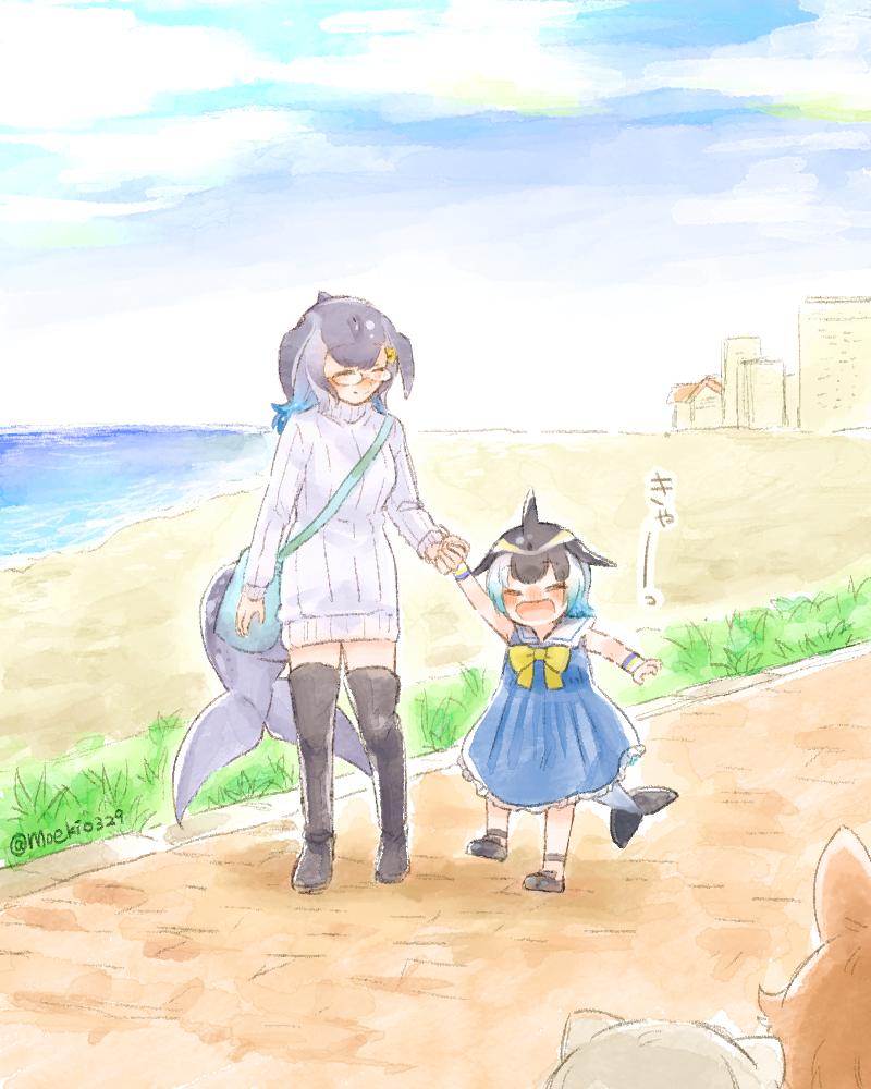 4girls animal_ears aqua_hair bare_shoulders blonde_hair blowhole blue_whale_(kemono_friends) blush boots bow bowtie bracelet child commentary_request common_dolphin_(kemono_friends) dhole_(kemono_friends) dog_ears dolphin_tail dorsal_fin dress grey_hair holding_hands jewelry kemono_friends light_brown_hair long_hair meerkat_(kemono_friends) meerkat_ears moeki_(moeki0329) multicolored_hair multiple_girls nose_blush open_mouth sailor_collar sailor_dress short_hair sleeveless sweater sweater_dress tail thigh-highs thigh_boots translated turtleneck turtleneck_sweater whale_tail_(animal_tail) white_hair white_sweater yellow_neckwear younger zettai_ryouiki