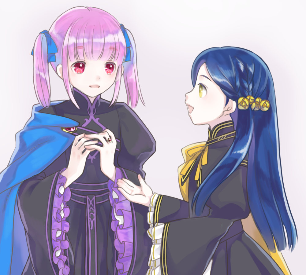 2girls :d akihiro-note bangs black_dress blue_bow blue_cape blue_hair blunt_bangs bow braid brooch cape check_character dress eye_contact flower frilled_sleeves frills hair_bow hair_flower hair_ornament hannelone_(honzuki_no_gekokuji) honzuki_no_gekokujou jewelry long_sleeves looking_at_another maine_(honzuki_no_gekokujou) multiple_girls open_mouth pink_eyes pink_hair puffy_long_sleeves puffy_sleeves ring short_hair short_twintails simple_background smile standing twintails upper_body white_background wide_sleeves yellow_eyes