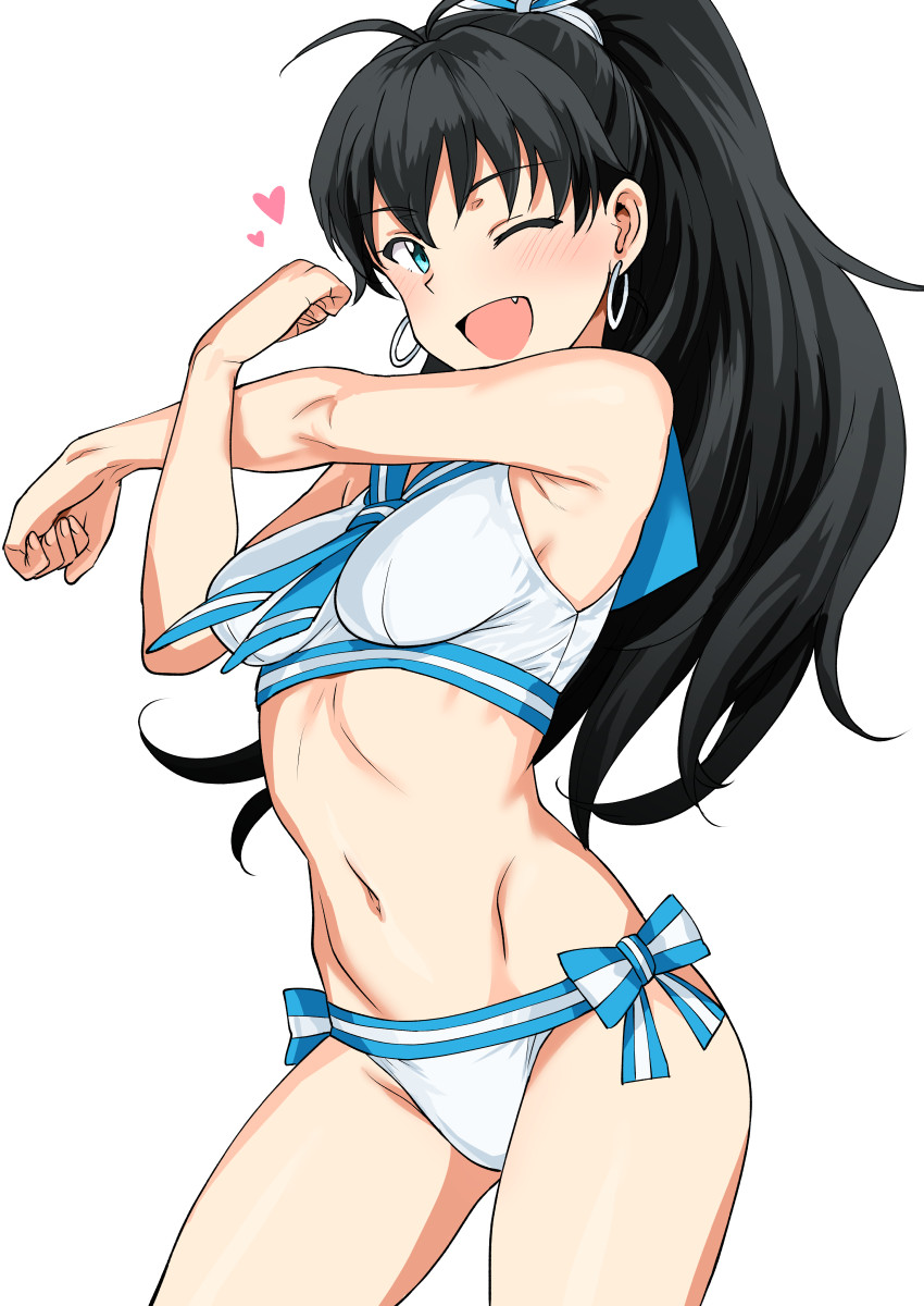 1girl ;d armpits bikini black_hair blush breasts earrings fang ganaha_hibiki heart highres idolmaster jewelry long_hair looking_at_viewer navel one_eye_closed open_mouth sailor_swimsuit_(idolmaster) simple_background smile solo stretched_limb swimsuit tsurui white_background white_bikini