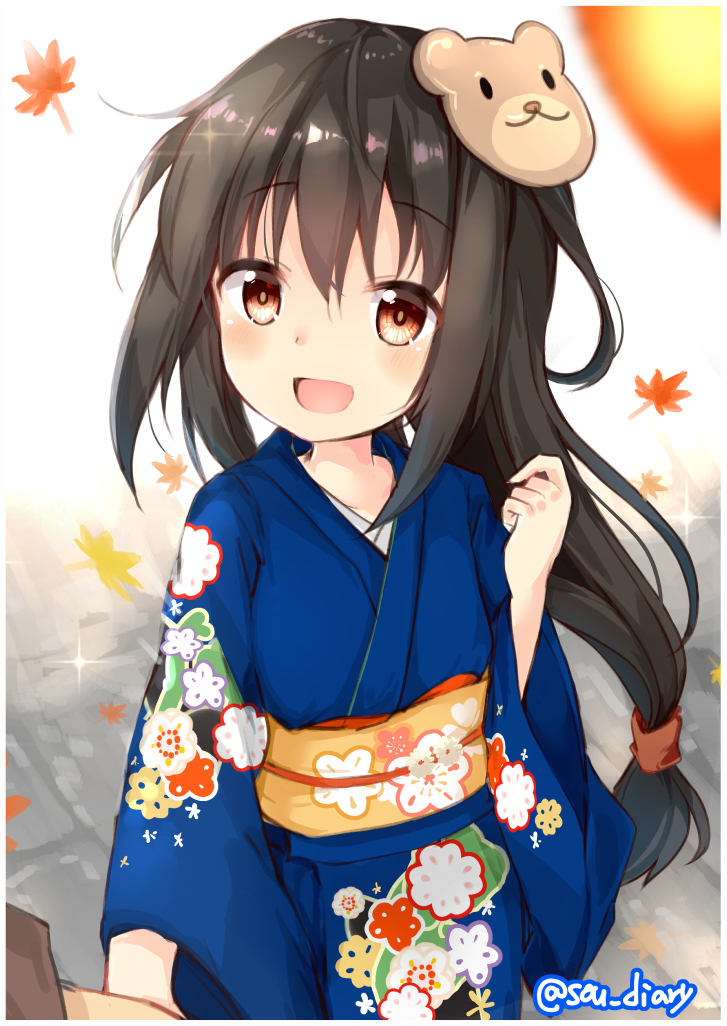 1girl :d autumn_leaves bangs bear_mask black_hair blue_kimono blush brown_eyes commentary_request eyebrows_visible_through_hair floral_print hair_between_eyes hand_up hatsushimo_(kantai_collection) japanese_clothes kantai_collection kimono long_hair long_sleeves low-tied_long_hair mask mask_on_head obi open_mouth out_of_frame print_kimono sash sidelocks smile solo_focus sou_(soutennkouchi) twitter_username very_long_hair wide_sleeves