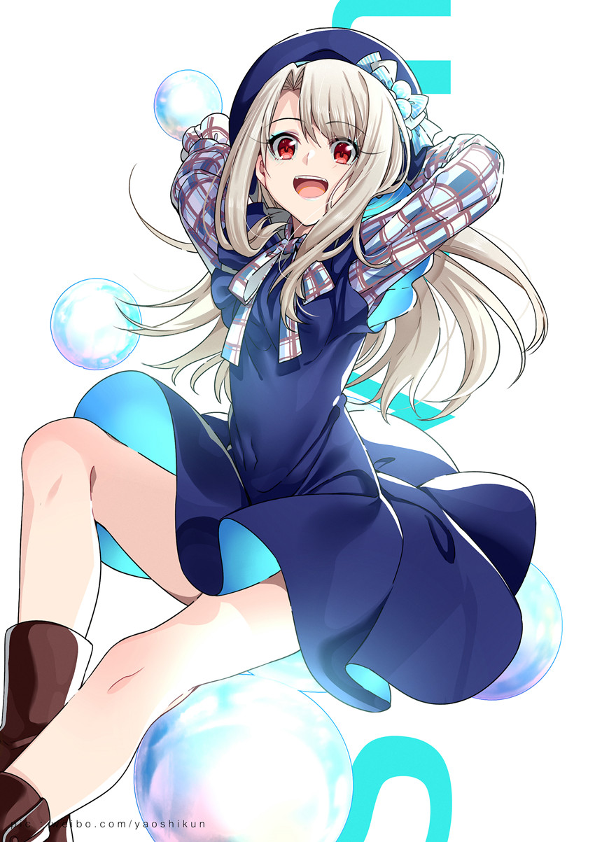 1girl arms_behind_head arms_up bangs beret blue_dress blue_headwear blush boots breasts bubble dress fate/stay_night fate_(series) hat highres illyasviel_von_einzbern long_hair looking_at_viewer open_mouth red_eyes smile solo thighs white_background white_hair yaoshi_jun