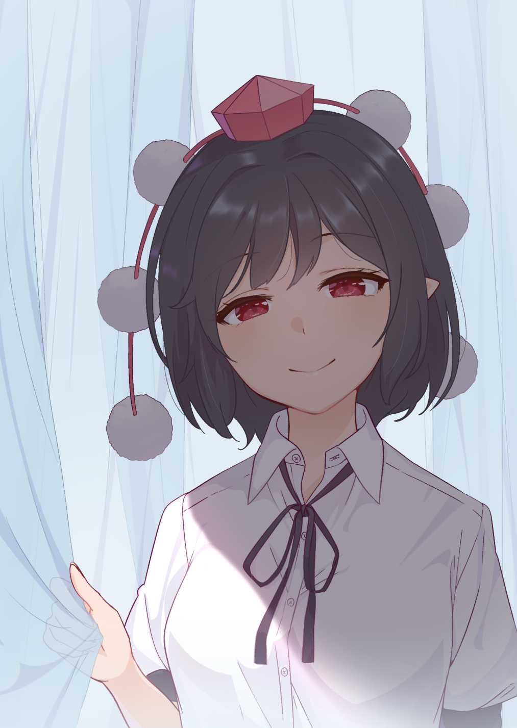 1girl arm_up black_hair black_neckwear blush breasts curtain_grab curtains eyebrows_visible_through_hair hat head_tilt highres kanpa_(campagne_9) looking_at_viewer neck_ribbon pointy_ears pom_pom_(clothes) puffy_short_sleeves puffy_sleeves red_eyes red_headwear ribbon shameimaru_aya shirt short_hair short_sleeves small_breasts smile solo tokin_hat touhou upper_body white_shirt