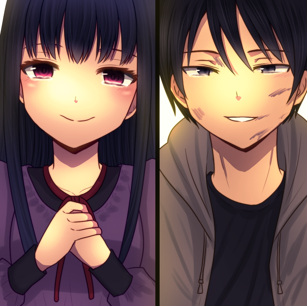 1boy 1girl aibi12634761 black_eyes black_hair collarbone commentary_request dirty_face drawstring eyebrows_visible_through_hair hair_between_eyes head_tilt high_score_girl hood hoodie long_hair long_sleeves looking_at_viewer neck_ribbon oono_akira own_hands_together parted_lips pink_eyes red_ribbon ribbon short_hair smile tears upper_body white_background yaguchi_haruo