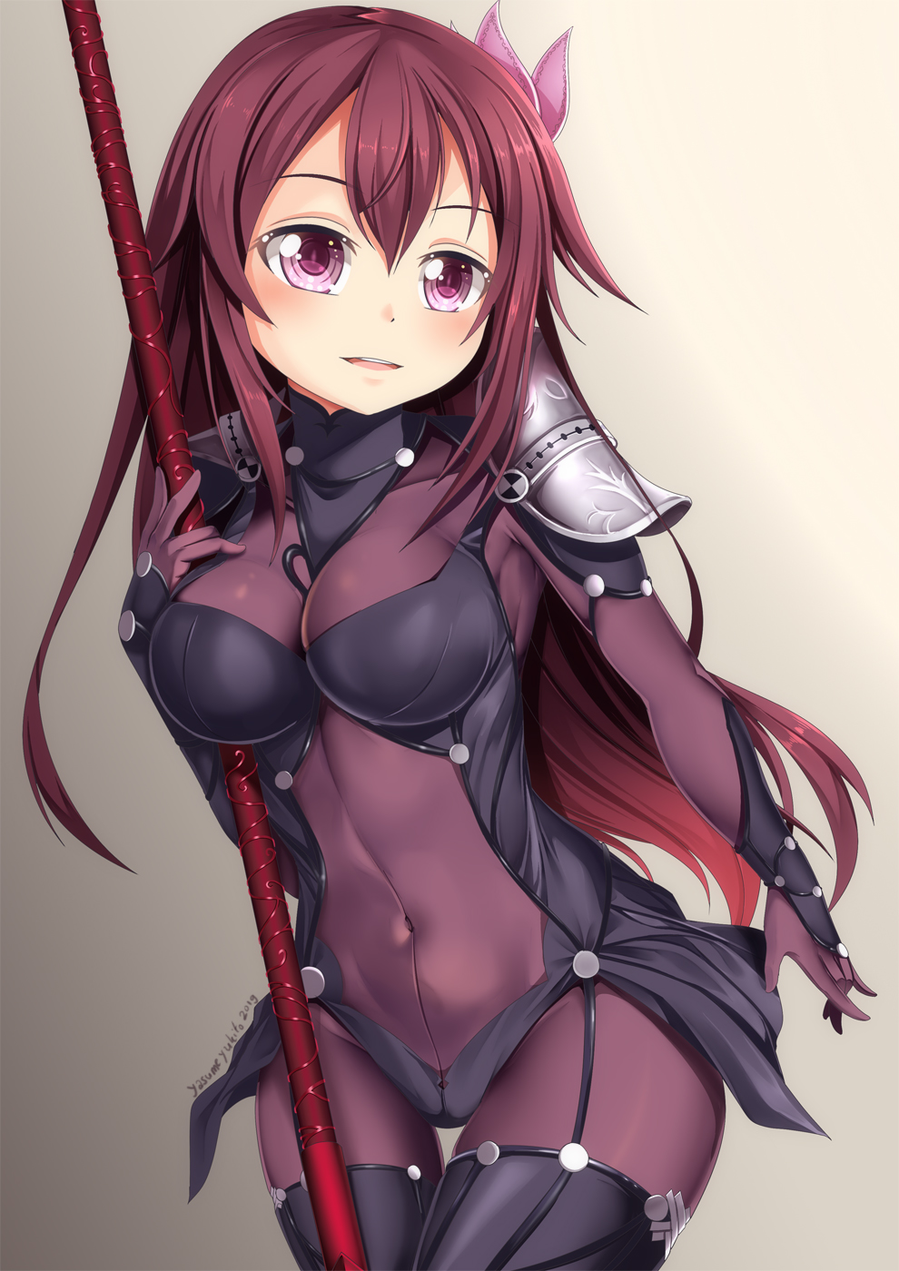 1girl bodysuit breasts cosplay covered_navel cowboy_shot fate/grand_order fate_(series) gae_bolg highres holding holding_weapon kantai_collection kisaragi_(kantai_collection) long_hair looking_at_viewer pauldrons polearm purple_bodysuit purple_hair ribbon scathach_(fate)_(all) scathach_(fate/grand_order) scathach_(fate/grand_order)_(cosplay) shoulder_armor smile solo spear thighs violet_eyes weapon yasume_yukito