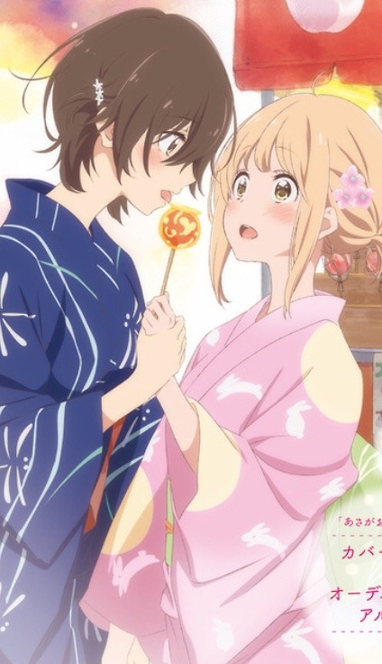 2girls alternate_costume alternate_hairstyle artist_request asagao_to_kase-san bangs blonde_hair blush brown_eyes brown_hair candy couple eye_contact flower food food_stand hair_bun hair_flower hair_ornament height_difference holding holding_food holding_hands japanese_clothes kase_tomoka kimono licking lollipop looking_at_another multiple_girls official_art open_mouth pink_flower short_hair simple_background two-tone_background yellow_eyes yuri