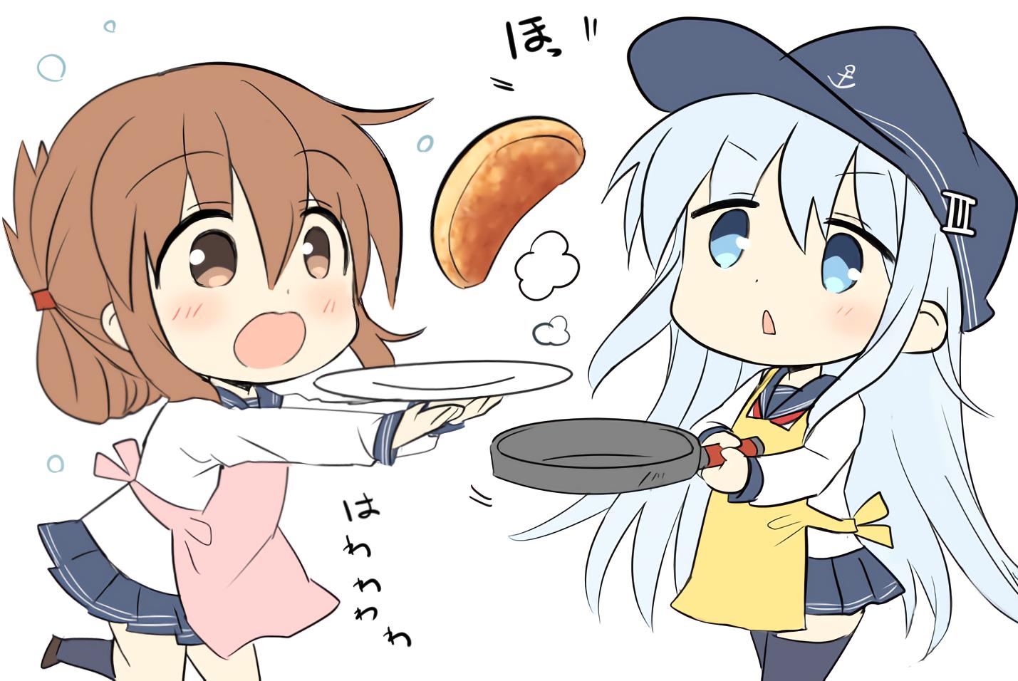 2girls anchor_symbol apron black_legwear black_sailor_collar blue_eyes brown_eyes brown_hair chestnut_mouth chibi commentary_request cowboy_shot flat_cap folded_ponytail food frying_pan hat hibiki_(kantai_collection) hizuki_yayoi inazuma_(kantai_collection) kantai_collection kneehighs long_hair long_sleeves multiple_girls neckerchief pancake plate pleated_skirt red_neckwear running sailor_collar school_uniform serafuku shirt silver_hair simple_background skirt standing thigh-highs white_background white_shirt yellow_apron