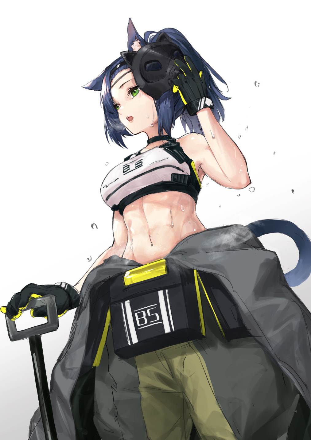 1girl arknights bare_shoulders bk201 black_gloves blue_hair blush breasts cat cat_tail commentary gloves green_eyes highres holding large_breasts navel open_mouth short_hair simple_background solo tail two-tone_gloves white_background yellow_gloves