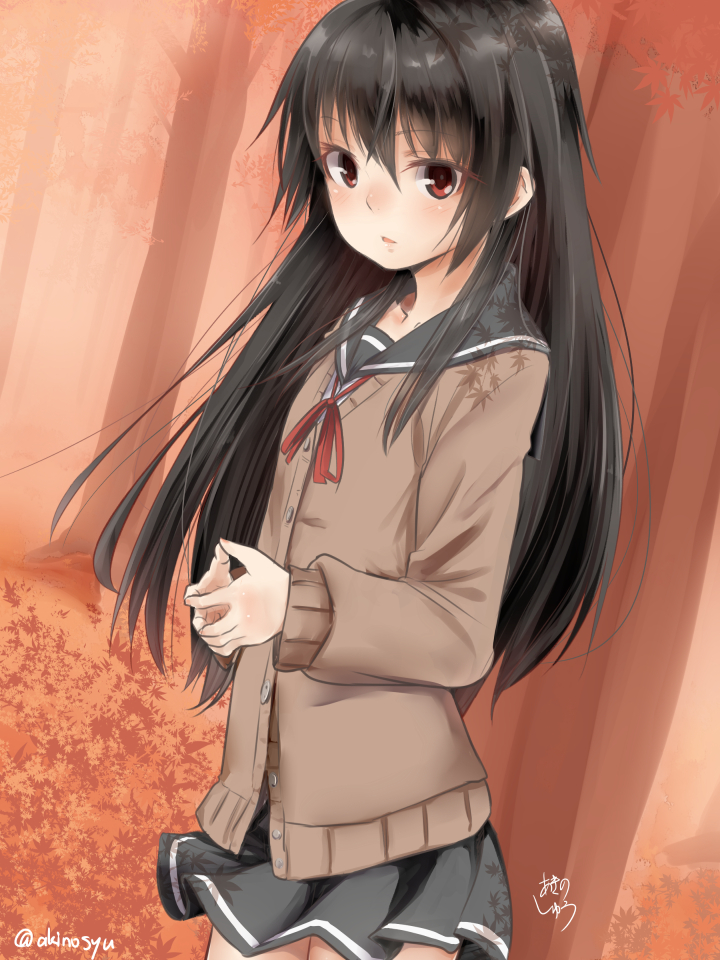 1girl akino_shuu autumn_leaves bad_proportions bangs black_hair black_sailor_collar black_skirt blush brown_cardigan cardigan collarbone commentary_request eyebrows_visible_through_hair hair_between_eyes hands_together iroha_kaede long_hair long_sleeves looking_at_viewer neck_ribbon original own_hands_together parted_lips pleated_skirt red_eyes red_ribbon ribbon sailor_collar school_uniform serafuku shirt sidelocks signature skirt solo tree twitter_username very_long_hair white_shirt