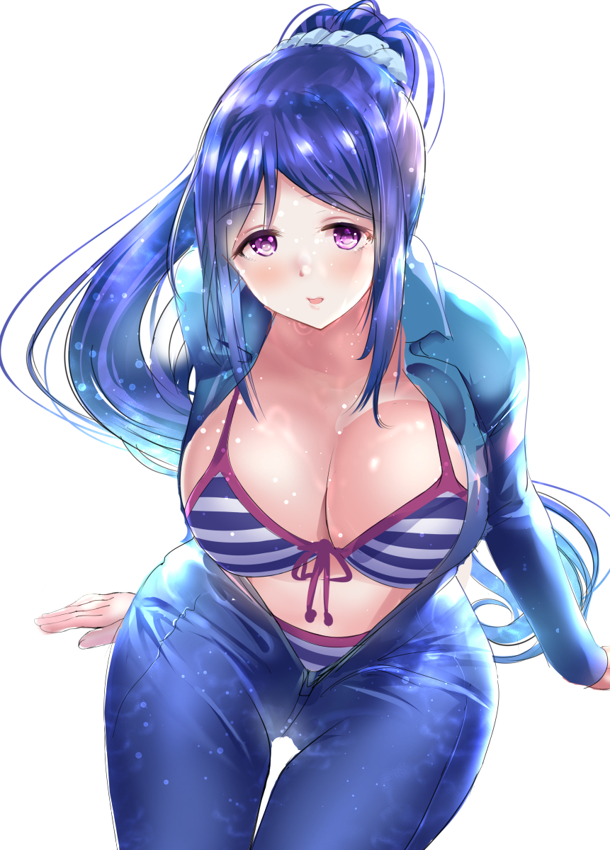 1girl arm_support bikini blue_hair blush breasts commentary_request eyebrows_visible_through_hair front-tie_bikini front-tie_top gorua_(youce01) highres large_breasts long_hair looking_at_viewer love_live! love_live!_sunshine!! matsuura_kanan open_mouth ponytail revision simple_background sitting solo striped striped_bikini swimsuit very_long_hair violet_eyes wetsuit white_background