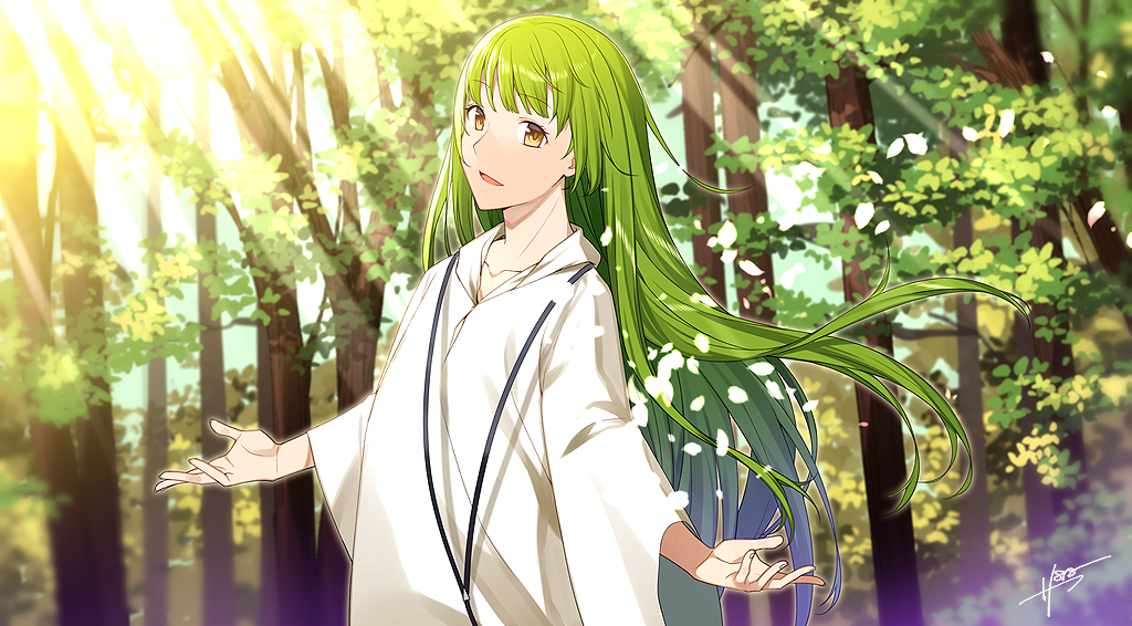 1other :d androgynous commentary_request day enkidu_(fate/strange_fake) fate/strange_fake fate_(series) green_hair long_hair looking_at_viewer open_mouth outstretched_arms sahuyaiya signature smile solo tree white_robe yellow_eyes