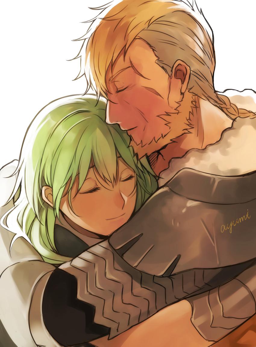 1boy 1girl artist_name aym_(ash3ash3ash) beard brown_hair byleth_(fire_emblem) byleth_eisner_(female) closed_eyes closed_mouth facial_hair father_and_daughter fire_emblem fire_emblem:_three_houses green_hair hug jeralt_reus_eisner medium_hair scar simple_background white_background