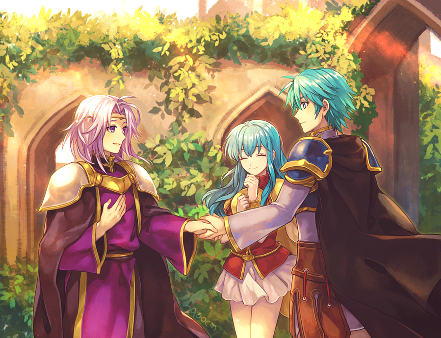 1girl 2900cm 2boys aqua_hair artist_name breastplate brother_and_sister cape circlet closed_eyes closed_mouth eirika_(fire_emblem) ephraim_(fire_emblem) fire_emblem fire_emblem:_the_sacred_stones from_side handshake leaf long_hair long_sleeves lyon_(fire_emblem) multiple_boys parted_lips purple_hair short_hair shoulder_armor siblings skirt smile violet_eyes white_skirt wide_sleeves