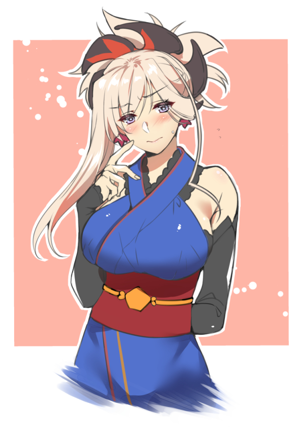 1girl arm_behind_back asymmetrical_hair bangs bare_shoulders blue_eyes blue_kimono blush border breasts closed_mouth detached_sleeves earrings fate/grand_order fate_(series) hair_ornament hinazuka_ryou japanese_clothes jewelry kimono large_breasts long_hair looking_at_viewer miyamoto_musashi_(fate/grand_order) obi pink_background pink_hair ponytail sash simple_background sleeveless sleeveless_kimono solo swept_bangs white_border