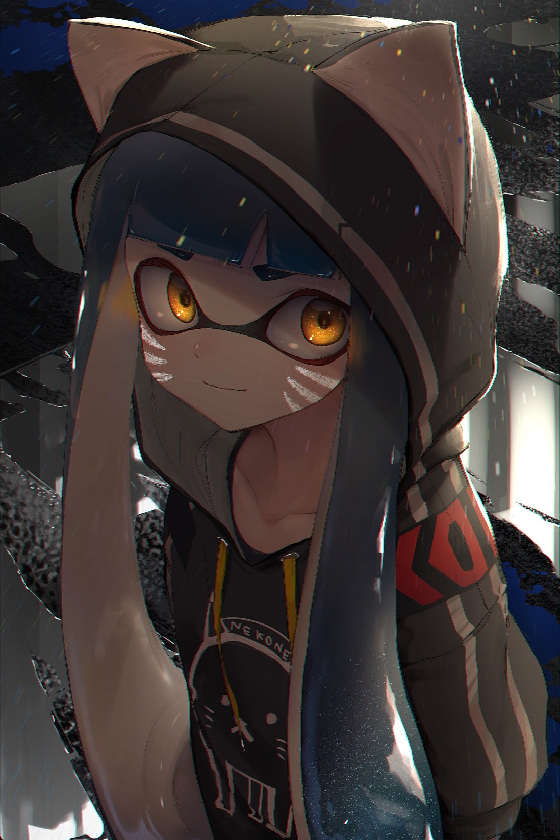 1girl animal_hood bangs black_hoodie blue_hair blunt_bangs cat_hood collarbone commentary domino_mask facepaint glowing glowing_eyes highres hood hoodie ink inkling kashu_(hizake) light_smile looking_at_viewer mask orange_eyes puddle rain sidelocks sideways_glance solo splatoon_(series) symbol_commentary tentacle_hair water