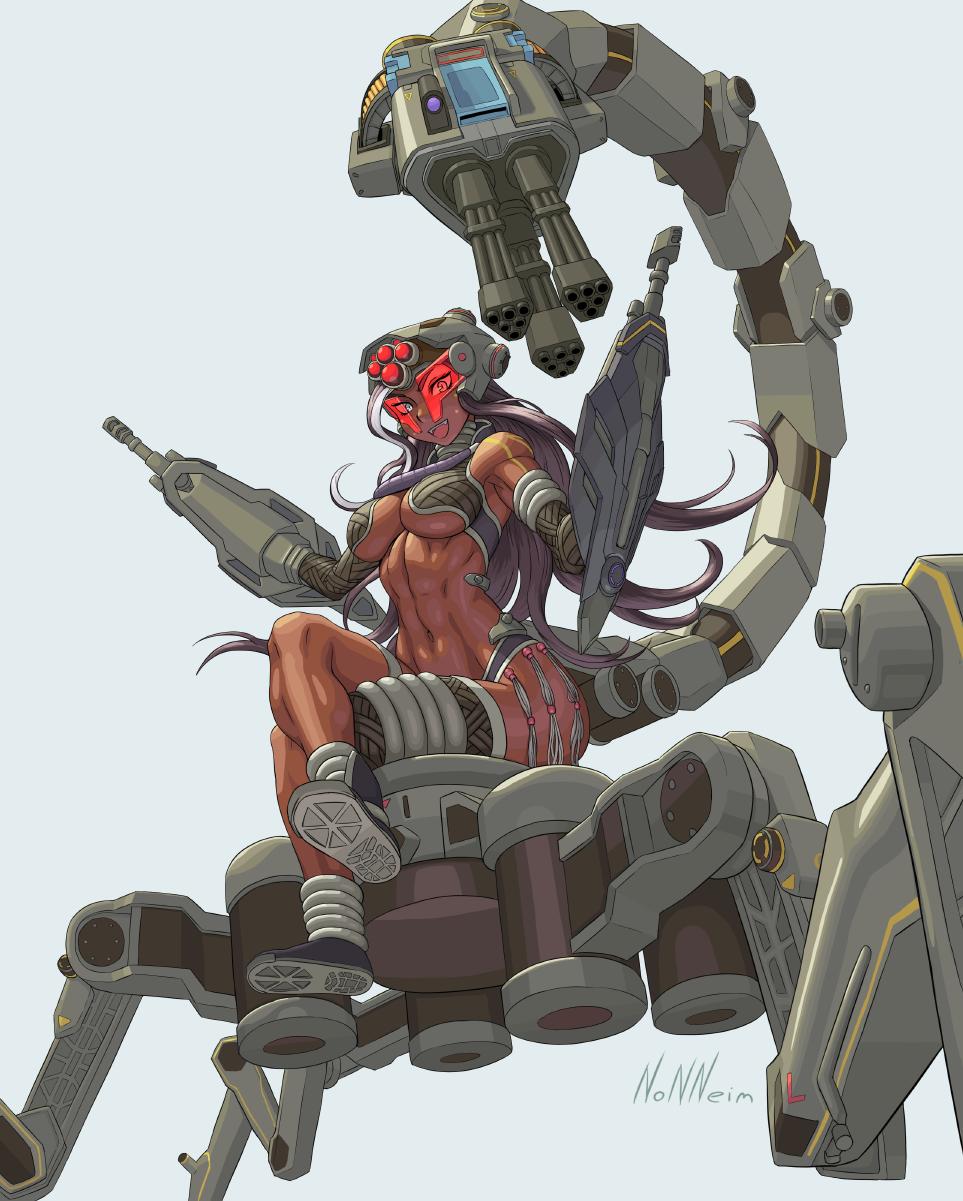 1girl arm_cannon boots breasts commentary crossed_legs dark_skin detached_sleeves dual_wielding english_commentary full_body gatling_gun grey_eyes head_mounted_display highres holding looking_at_viewer mecha_musume mechanical_tail medium_breasts multicolored_hair navel nonneim open_mouth purple_hair red-tinted_eyewear scorpion_tail shoulder_tattoo silver_hair sitting solo stomach streaked_hair tail tattoo toned under_boob visor war_robots weapon