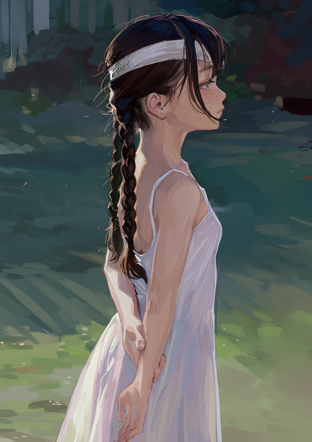 1girl arms_behind_back artist_name black_hair braid cowboy_shot dress fkey headband highres long_hair original signature sleeveless sleeveless_dress solo sundress twin_braids violet_eyes white_dress