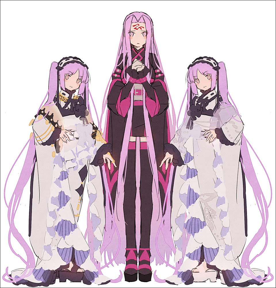 3girls bangs black_footwear black_kimono black_legwear blush closed_mouth euryale eyebrows_visible_through_hair facial_mark fate/hollow_ataraxia fate/stay_night fate_(series) forehead_mark frilled_hairband frills hairband hakusai_(tiahszld) hand_on_hip hands_together japanese_clothes kimono long_hair long_sleeves multiple_girls obi own_hands_together parted_bangs platform_footwear purple_hair rider sash short_kimono simple_background sleeves_past_wrists smile standing stheno thigh-highs twintails very_long_hair violet_eyes white_background white_footwear white_hairband white_kimono wide_sleeves