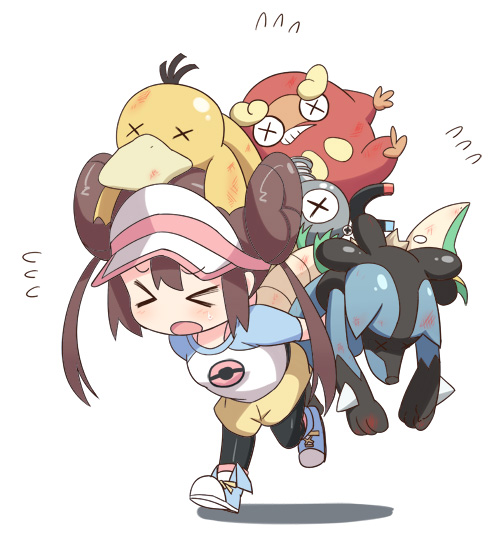 &gt;_&lt; bangs black_legwear blue_footwear blue_sleeves blush brown_hair carrying chibi closed_eyes darumaka double_bun flying_sweatdrops full_body gen_1_pokemon gen_4_pokemon gen_5_pokemon hyakuen_raitaa injury leg_up long_hair lucario magnemite mei_(pokemon) open_mouth pantyhose pink_headwear pink_legwear poke_ball_symbol poke_ball_theme pokemon pokemon_(creature) pokemon_(game) pokemon_bw2 psyduck raglan_sleeves servine shiny shiny_hair shirt shoes short_shorts shorts simple_background socks sweat teeth tied_hair twintails visor_cap walking white_background white_shirt x_x yellow_shorts