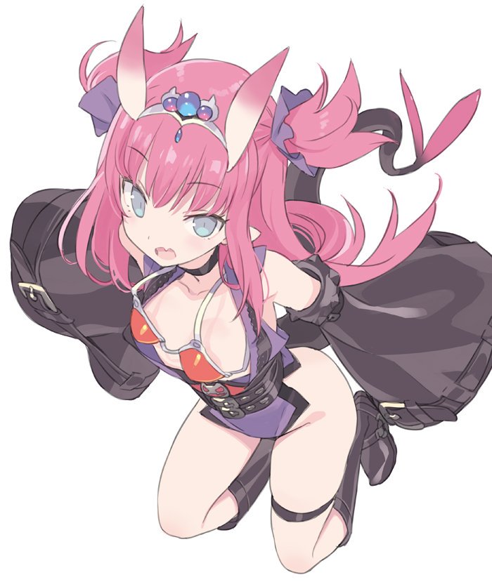1girl armor bangs bare_shoulders bikini_armor black_choker black_footwear black_sleeves blade_(galaxist) blue_eyes boots choker collarbone commentary_request detached_sleeves dragon_tail elizabeth_bathory_(brave)_(fate) elizabeth_bathory_(fate)_(all) eyebrows_visible_through_hair fang fate/grand_order fate_(series) full_body groin hair_between_eyes hair_ribbon horns knee_boots leotard long_hair long_sleeves looking_at_viewer open_mouth oversized_clothes pink_hair pointy_ears purple_leotard purple_ribbon red_bikini_top ribbon simple_background solo tail tiara two_side_up very_long_hair white_background wide_sleeves
