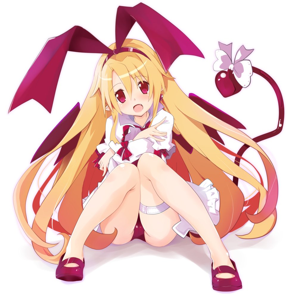 1girl blonde_hair bow disgaea dress earrings fang flonne flonne_(fallen_angel) hair_bow iwasi-r jewelry leg_strap long_hair open_mouth red_eyes sandals solo tail tail_bow underwear very_long_hair