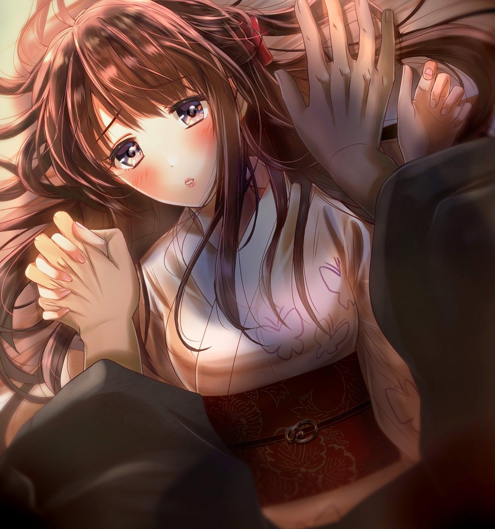 1boy 1girl black_hair blush brown_hair embarrassed from_above holding_hands izumi_(stardustalone) japanese_clothes kimono long_hair looking_at_viewer lying on_back original renri_no_chigiri_wo_kimi_to_shiru