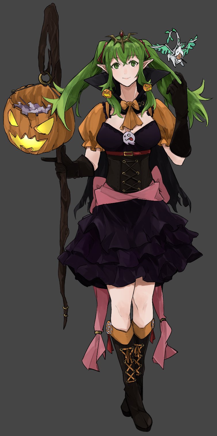 1girl alternate_hairstyle black_gloves closed_mouth dress fire_emblem fire_emblem_awakening full_body gloves green_eyes green_hair grey_background hair_ribbon halloween_costume highres holding holding_staff jack-o'-lantern long_hair pointy_ears ribbon sakuuremi simple_background smile solo staff tiara tiki_(fire_emblem)