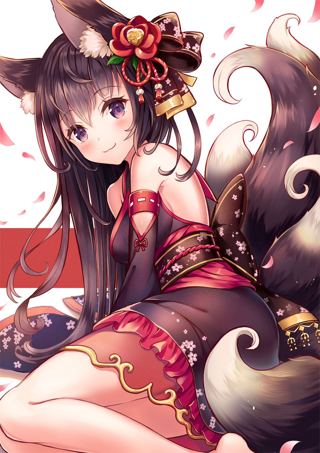 1girl :3 animal_ear_fluff animal_ears bare_legs bare_shoulders black_hair black_kimono bow breasts commentary_request detached_sleeves floral_print flower fox_ears fox_girl fox_tail hair_bow hair_flower hair_ornament highres japanese_clothes kimono kitsune long_hair long_sleeves looking_at_viewer medium_breasts multiple_tails obi original petals red_flower sakura_ani sash sitting smile solo tail tassel violet_eyes yokozuwari