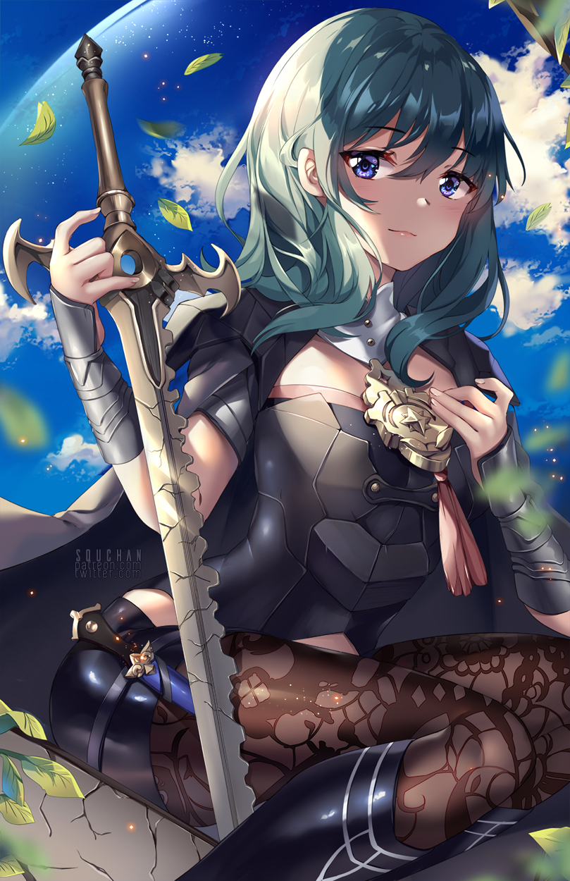 1girl artist_name bangs black_footwear black_shorts blue_eyes blush boots brown_legwear byleth_(fire_emblem) byleth_eisner_(female) cape closed_mouth clouds cloudy_sky commentary english_commentary eyebrows_visible_through_hair fingernails fire_emblem fire_emblem:_three_houses green_hair hair_between_eyes hands_up highres holding holding_sword holding_weapon knee_boots long_hair looking_at_viewer pantyhose short_shorts shorts sky solo squchan sword vambraces watermark weapon web_address white_cape