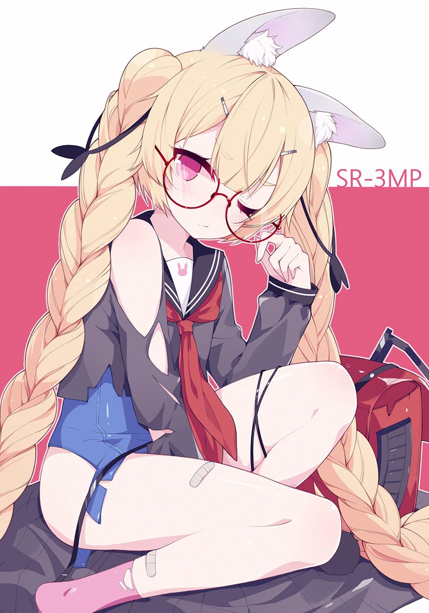 1girl animal_ear_fluff animal_ears bag bandaid bandaid_on_leg bangs blonde_hair blue_swimsuit blush braid character_name closed_mouth eyebrows_visible_through_hair eyelashes fukurou_(hvgd5584) girls_frontline glasses highres long_hair long_sleeves neckerchief one-piece_swimsuit one_eye_closed pink_eyes pink_legwear rabbit red_neckwear sailor_collar school_bag school_swimsuit school_uniform serafuku skirt solo sr-3mp_(girls_frontline) swimsuit swimsuit_under_clothes torn_clothes torn_sleeves twin_braids very_long_hair