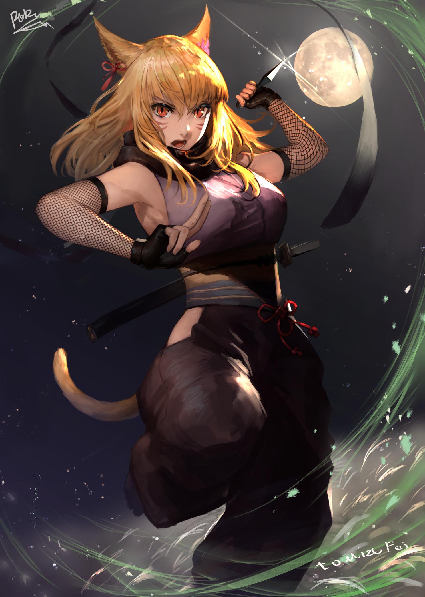1girl animal_ears bare_shoulders black_gloves blonde_hair cat_ears facial_mark final_fantasy final_fantasy_xiv fingerless_gloves fishnets gloves highres holding holding_weapon kunai medium_hair miqo'te moon ninja_(final_fantasy) open_mouth outdoors peperon_(peperou) red_eyes scabbard sheath signature slit_pupils solo sword tail weapon weapon_on_back
