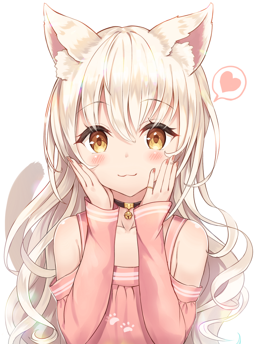 1girl :3 animal_ear_fluff animal_ears bare_shoulders bell brown_eyes cat_ears cat_girl cat_tail choker closed_mouth collarbone hands_on_own_cheeks hands_on_own_face hands_up heart highres jingle_bell long_hair long_sleeves looking_at_viewer original pink_shirt sakura_ani shirt simple_background smile solo spoken_heart tail upper_body white_background white_hair