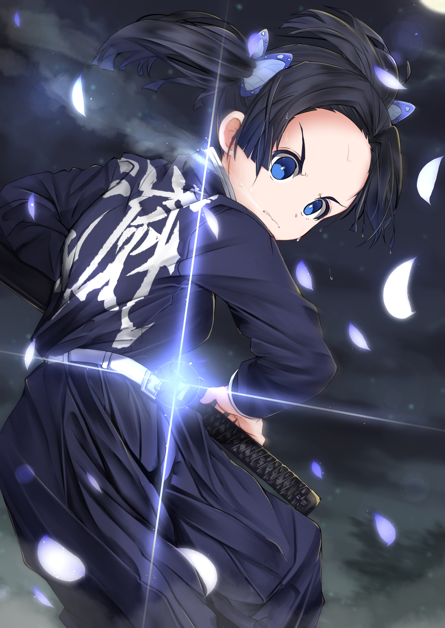 1girl bangs belt belt_buckle black_hair black_jacket black_pants blue_eyes breasts buckle butterfly_hair_ornament clouds cloudy_sky commentary_request forehead full_moon glint hair_ornament highres holding holding_sword holding_weapon jacket kanzaki_aoi_(kimetsu_no_yaiba) katana kimetsu_no_yaiba long_sleeves looking_away mad_(hazukiken) moon pants parted_bangs parted_lips petals sheath sky small_breasts solo sweat sword twintails unsheathing weapon white_belt