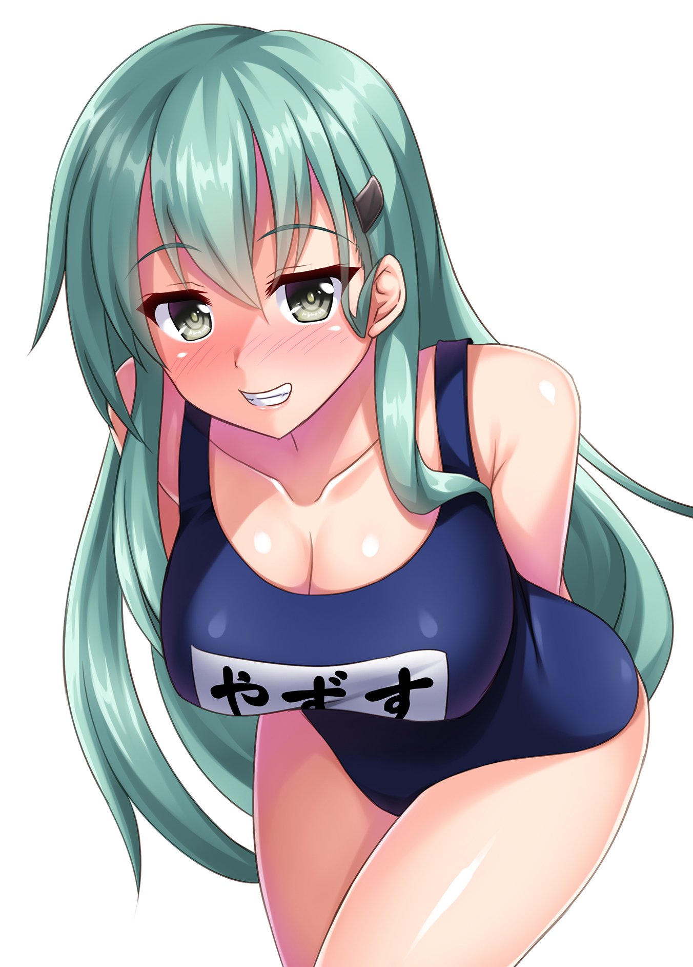 1girl alternate_costume aqua_eyes aqua_hair blush breasts closed_mouth eyebrows_visible_through_hair grey_eyes hair_between_eyes hair_ornament hairclip highres kantai_collection large_breasts long_hair looking_at_viewer one-piece_swimsuit ruin_re_birth school_swimsuit simple_background smile solo suzuya_(kantai_collection) swimsuit white_background