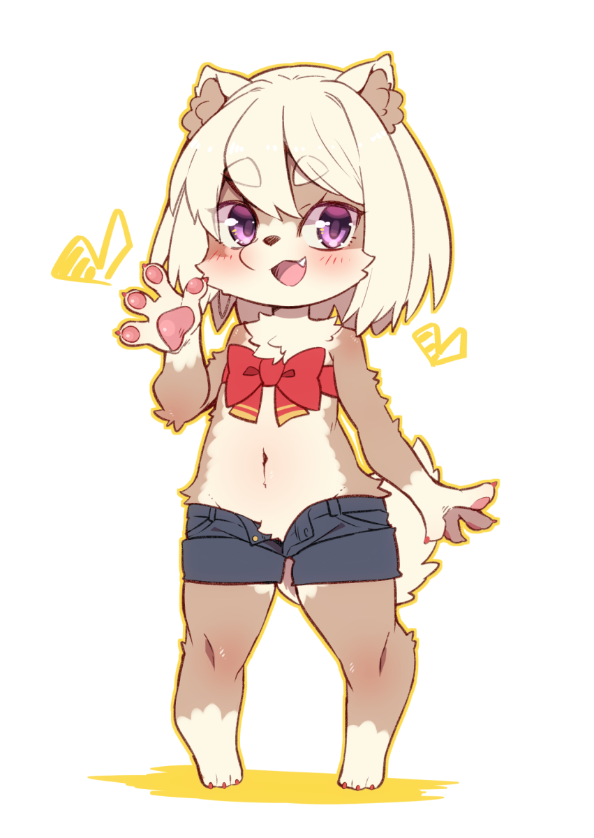 1girl :3 animal_ear_fluff animal_ears bangs bare_shoulders barefoot blonde_hair blue_shorts blush bow claws dog_ears dog_tail eyebrows_visible_through_hair fang flat_chest full_body furry groin hand_up happy heart highres looking_at_viewer navel no_humans open_fly open_mouth original pawpads paws red_bow red_ribbon ribbon shiny shiny_hair short_hair short_shorts shorts simple_background smile solo standing tail unbuttoned violet_eyes waving white_background yuuki_(yuyuki000)