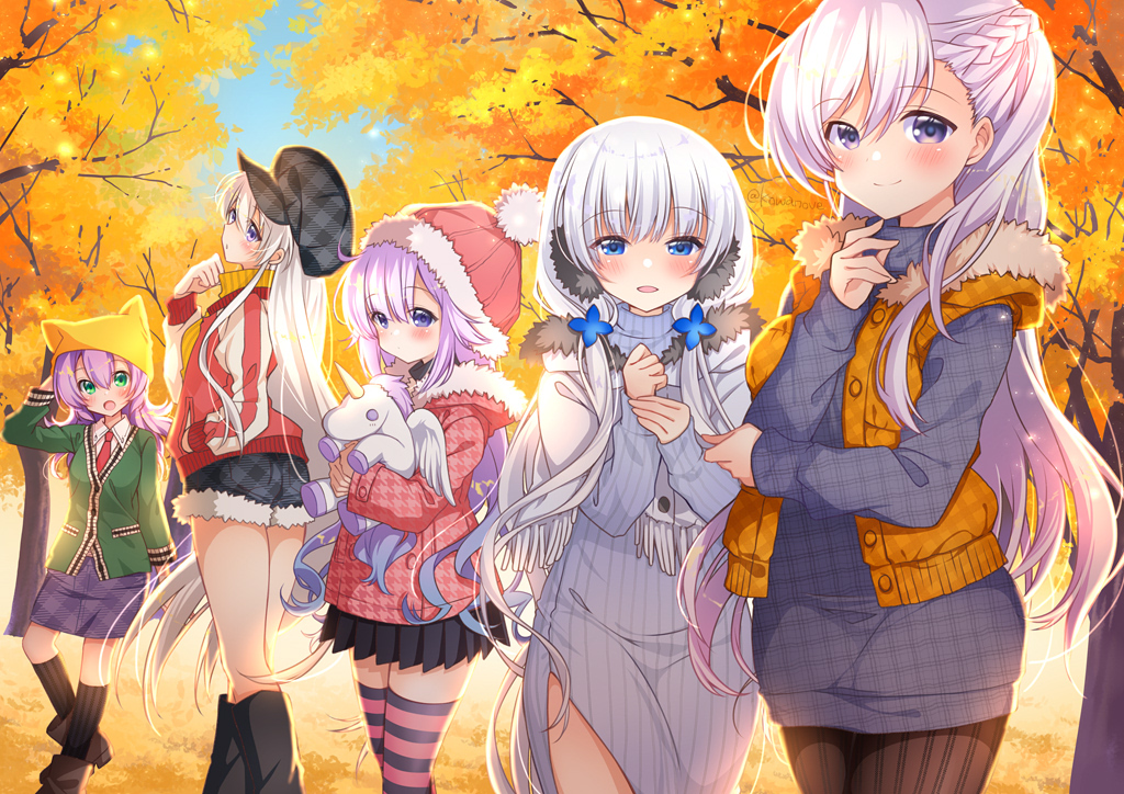 5girls alternate_costume autumn autumn_leaves azur_lane beanie belfast_(azur_lane) black_headwear black_shorts black_skirt blue_eyes boots braid brown_legwear cabbie_hat cardigan coat collared_shirt commentary_request cutoffs day doll_hug earmuffs enterprise_(azur_lane) french_braid fringe_trim fur_collar fur_trim green_cardigan green_eyes grey_sweater hair_ornament hand_in_pocket hand_up hat hood hood_down houndstooth illustrious_(azur_lane) jacket javelin_(azur_lane) kawanobe knee_boots kneehighs lavender_hair long_hair long_sleeves looking_at_viewer miniskirt multiple_girls necktie open_mouth outdoors pantyhose pencil_skirt plaid pleated_skirt purple_hair purple_skirt red_coat red_headwear red_jacket ribbed_legwear ribbed_sweater scarf shirt short_shorts shorts side_slit sidelocks skirt smile standing striped striped_legwear stuffed_alicorn sweater thigh-highs thighs tree undershirt unicorn_(azur_lane) unmoving_pattern very_long_hair violet_eyes white_hair white_shirt winter_clothes yellow_headwear zettai_ryouiki