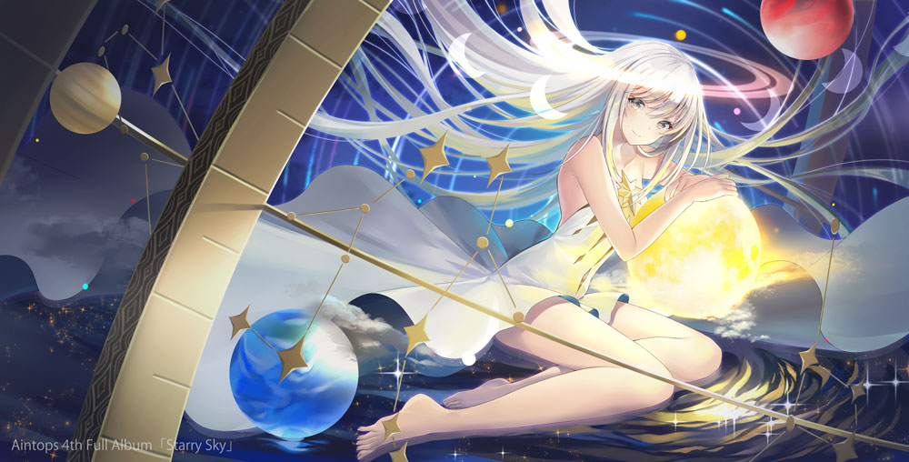 1girl album_cover bare_arms bare_shoulders barefoot closed_mouth collarbone commentary_request cover crescent dress earth floating_hair kagachi_saku long_hair looking_at_viewer original planet ripples sitting smile solo strapless strapless_dress very_long_hair water watermark white_dress white_hair yokozuwari