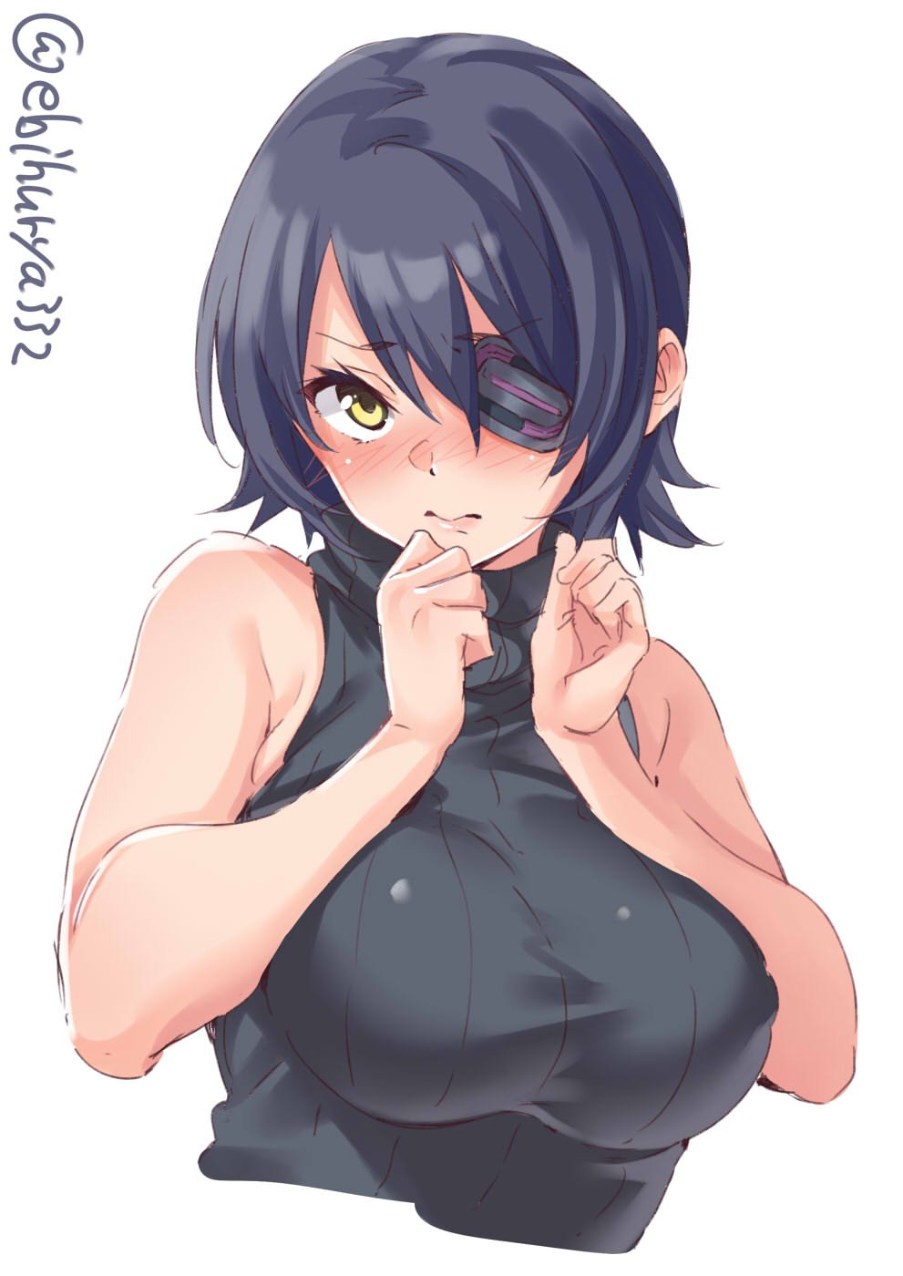 1girl alternate_costume bare_arms blush breast_press breasts casual contemporary cropped_torso ebifurya eyepatch hair_between_eyes highres impossible_clothes kantai_collection large_breasts lips looking_at_viewer nose_blush pink_lips purple_hair ribbed_sweater short_hair solo striped sweater tenryuu_(kantai_collection) turtleneck turtleneck_sweater upper_body vertical_stripes yellow_eyes