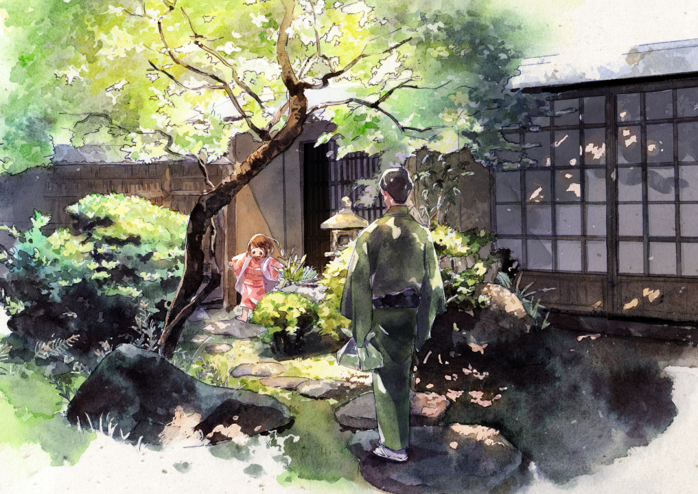1boy 1girl 720_72 architecture arms_at_sides barefoot black_hair bob_cut brown_eyes brown_hair bush character_request dappled_sunlight day east_asian_architecture facing_away flip-flops garden green_kimono japanese_clothes kimono long_sleeves looking_down nature obi osomatsu-san outstretched_arms red_kimono sandals sash short_hair sliding_doors standing stone stone_lantern sunlight tabi traditional_media tree