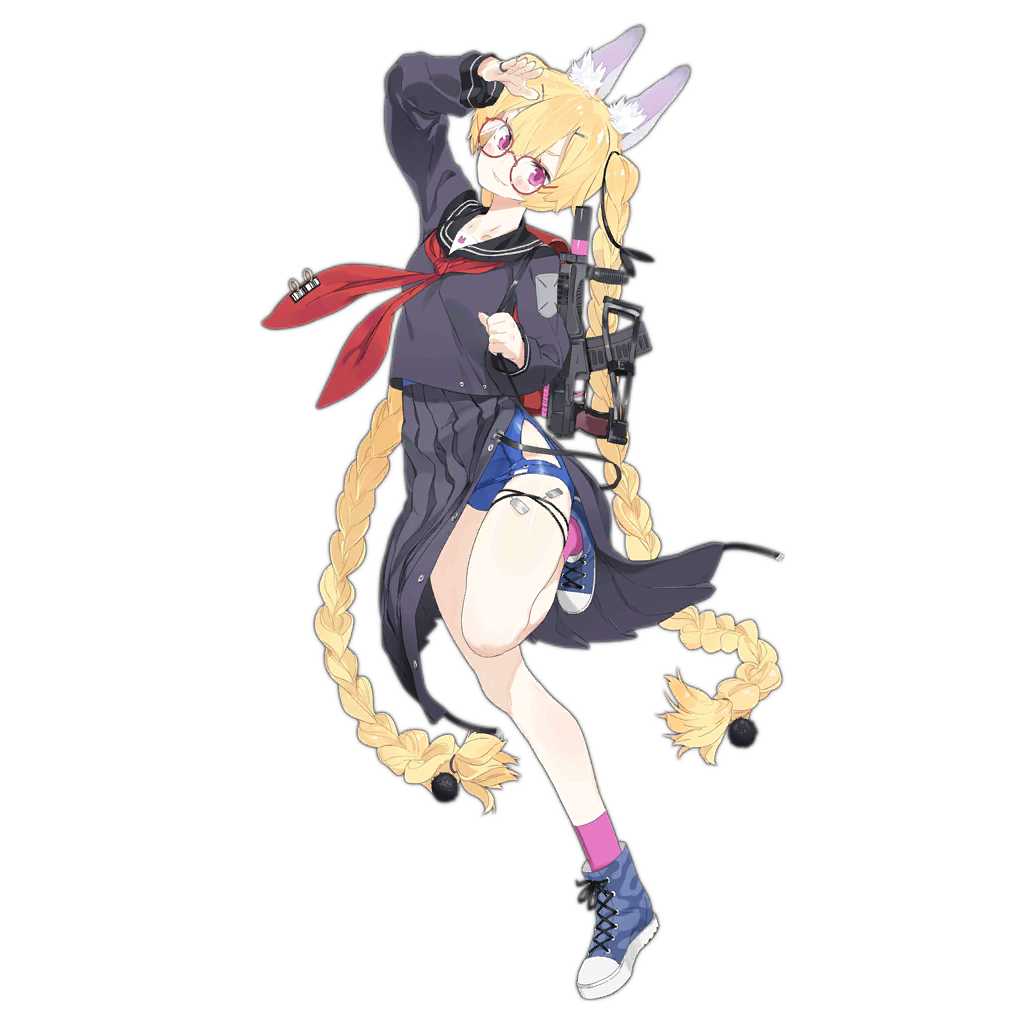 1girl alternate_costume animal_ear_fluff animal_ears bangs black_serafuku blonde_hair blue_footwear blue_swimsuit blush braid breasts girls_frontline glasses gun hair_ornament hair_ribbon hairclip hand_up jewelry long_hair long_sleeves looking_at_viewer neckerchief official_art old_school_swimsuit one-piece_swimsuit pandegg pink_legwear red_neckwear ribbon ring round_eyewear school_swimsuit school_uniform serafuku shoes side_slit skirt small_breasts smile sneakers socks solo sr-3mp sr-3mp_(girls_frontline) standing standing_on_one_leg swimsuit swimsuit_under_clothes transparent_background twin_braids very_long_hair violet_eyes weapon