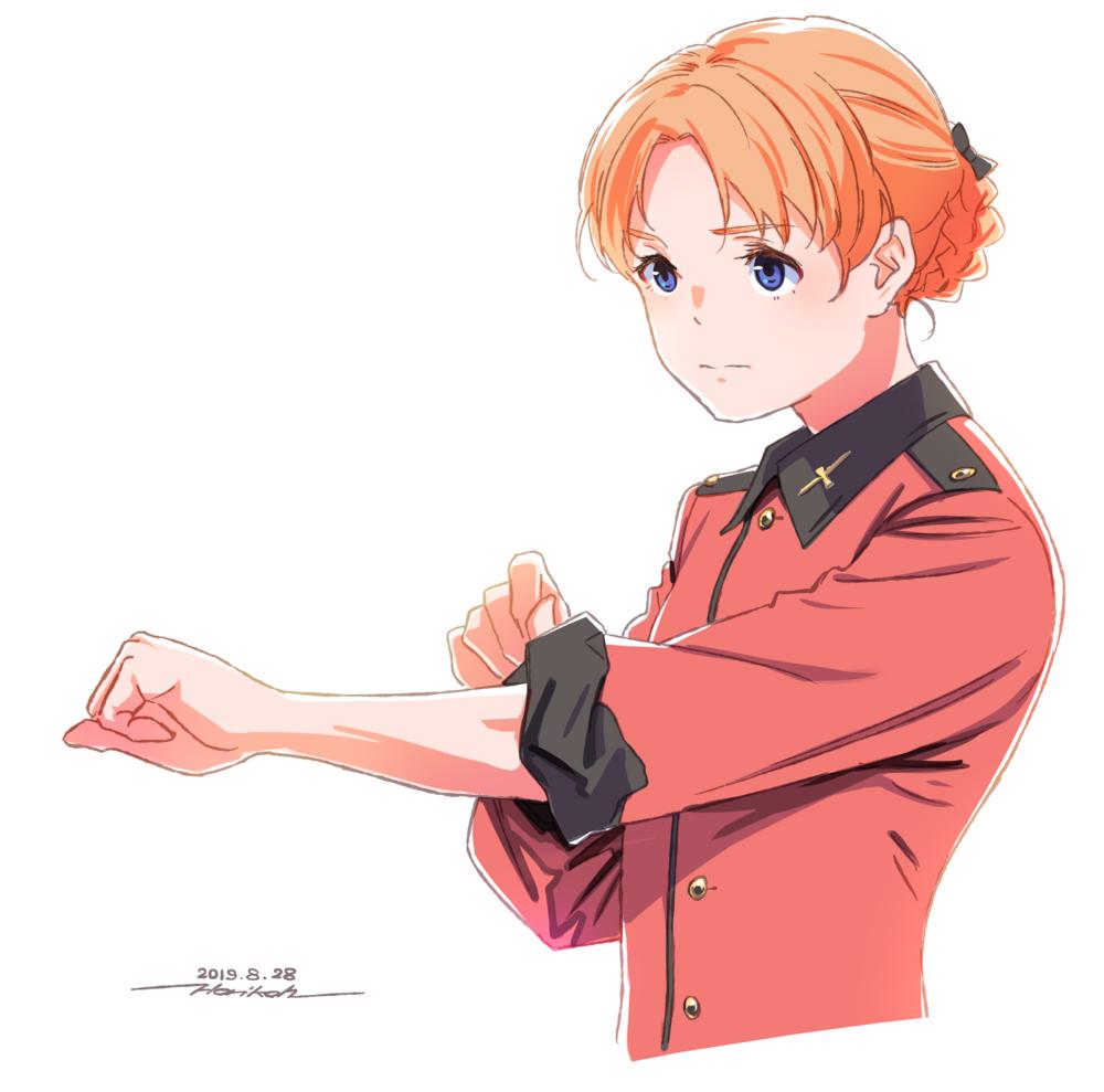 1girl artist_name bangs black_bow blue_eyes bow braid clenched_hand closed_mouth commentary cropped_torso dated epaulettes eyebrows_visible_through_hair frown girls_und_panzer hair_bow horikou insignia jacket long_sleeves looking_to_the_side military military_uniform orange_hair orange_pekoe parted_bangs red_jacket rolling_sleeves_up short_hair signature simple_background sleeves_rolled_up solo st._gloriana's_military_uniform tied_hair twin_braids uniform upper_body white_background