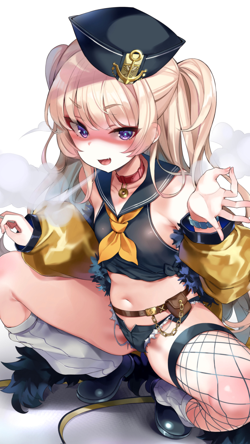 1girl :d azur_lane bache_(azur_lane) bangs bare_shoulders belt black_footwear black_headwear black_sailor_collar black_shirt black_skirt blonde_hair breasts chain cigarette collar collarbone commentary_request crop_top cutoffs denim denim_shorts dollar_bill fang fishnet_legwear fishnets fur-trimmed_jacket fur_trim hand_up hands_up hat highres holding holding_cigarette jacket long_hair long_sleeves looking_at_viewer loose_socks medium_breasts micro_shorts midriff mirei navel neckerchief off_shoulder ok_sign open_clothes open_fly open_mouth pouch red_collar sailor_collar sailor_hat sailor_shirt shirt shoe_soles shoes shorts single_thighhigh skirt sleeveless sleeveless_shirt smile smoke solo spread_legs squatting thick_eyebrows thigh-highs thighs tongue twintails two_side_up utility_belt very_long_hair violet_eyes white_background wristband yellow_jacket yellow_neckwear