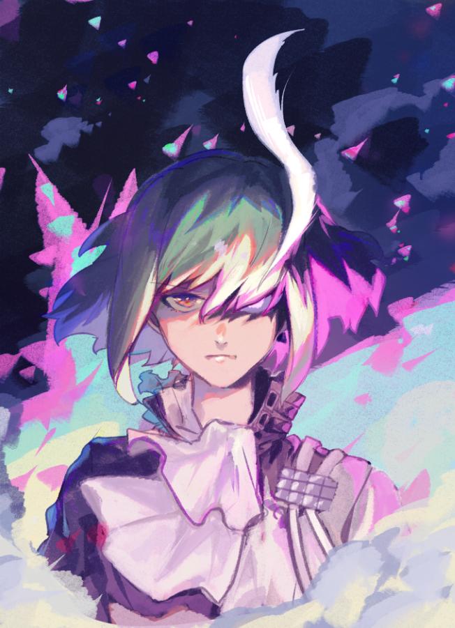 1boy androgynous cravat fire glowing glowing_eye green_fire green_hair ke889 lio_fotia mad_burnish male_focus promare purple_fire purple_hair violet_eyes