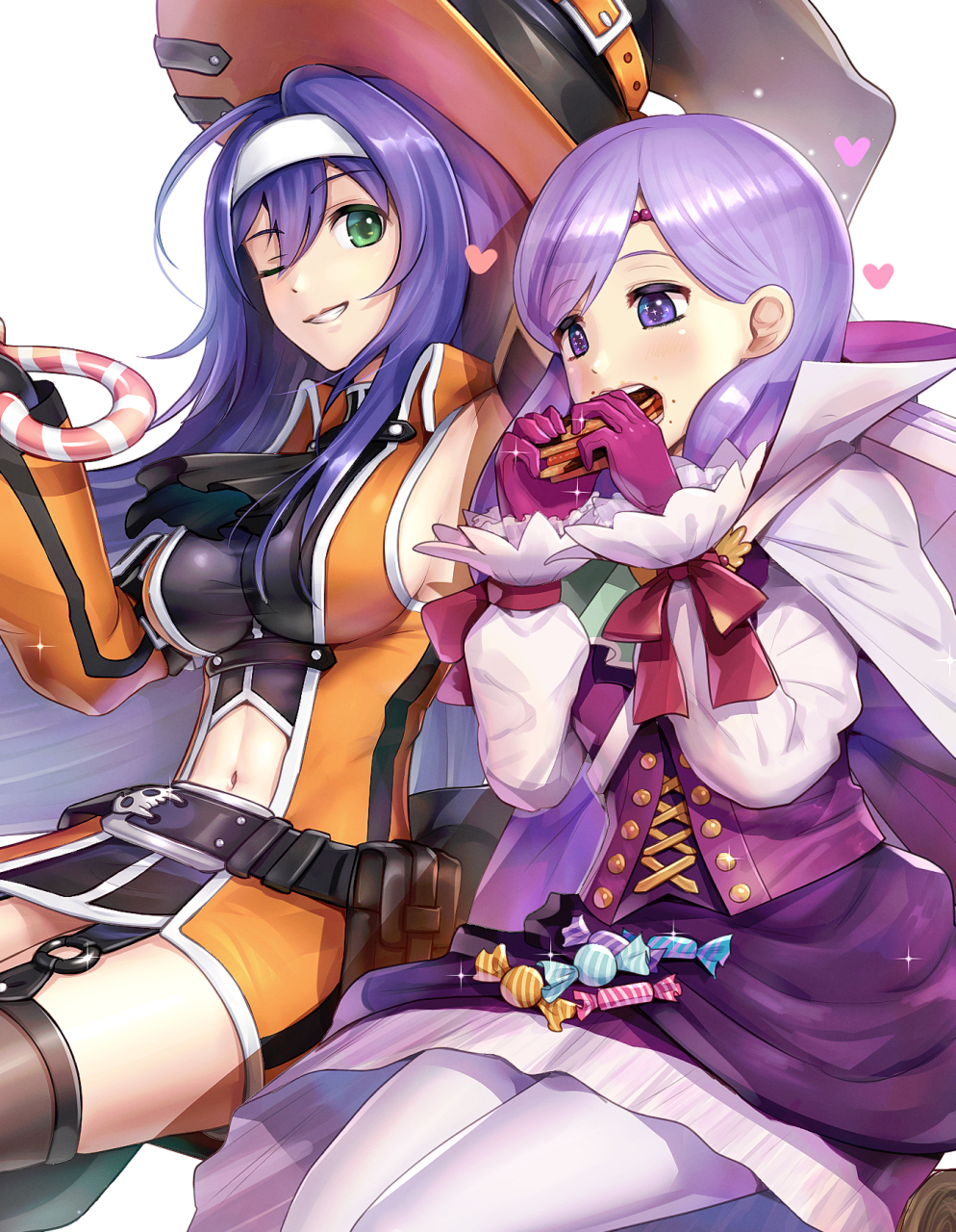 2girls adapted_costume blue_hair breasts buttons candy candy_wrapper cape circlet dress eating fire_emblem fire_emblem:_akatsuki_no_megami fire_emblem:_path_of_radiance fire_emblem:_radiant_dawn fire_emblem:_souen_no_kiseki fire_emblem_heroes food gloves gonzarez green_eyes grin hairband halloween halloween_costume hat headband heart highres ilyana_(fire_emblem) intelligent_systems large_breasts long_hair long_sleeves low-tied_long_hair mia_(fire_emblem) midriff multiple_girls navel nintendo one_eye_closed purple_gloves purple_hair sideboob simple_background smile super_smash_bros. tight_dress violet_eyes wayu_(fire_emblem) white_background white_hairband white_headband witch_hat