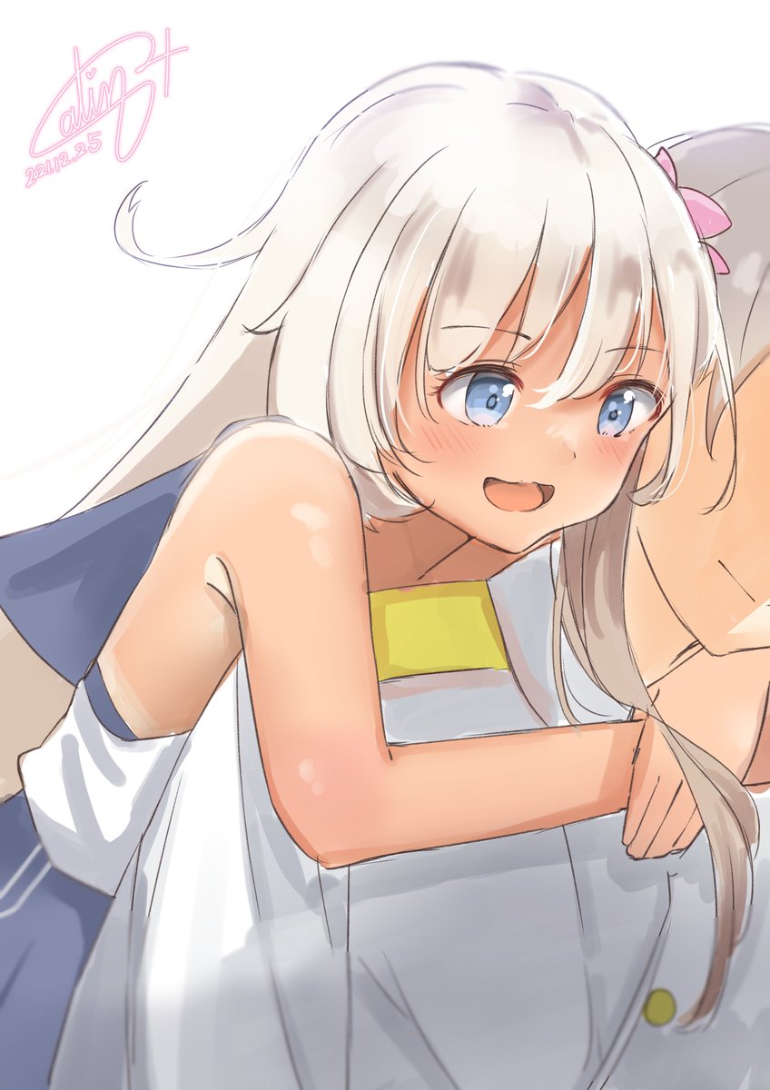 1boy 1girl admiral_(kancolle) blonde_hair blue_eyes blue_sailor_collar cowboy_shot crop_top dated flower hair_flower hair_ornament highres hug hug_from_behind kantai_collection long_hair one-hour_drawing_challenge one-piece_tan pen_chou ro-500_(kancolle) sailor_collar school_uniform serafuku signature sleeveless swimsuit swimsuit_under_clothes tan tanlines white_background