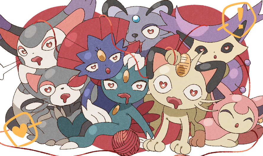 ! :3 all_fours alolan_form alolan_persian black_sclera closed_eyes delcatty drooling forehead_jewel furry gen_1_pokemon gen_2_pokemon gen_3_pokemon gen_4_pokemon gen_7_pokemon glameow hand_on_another's_head happy heart heart-shaped_pupils looking_at_viewer meowth no_humans open_mouth pokemon pokemon_(creature) purugly red_eyes sitting skitty smile sneasel speech_bubble spoken_exclamation_mark spoken_heart symbol-shaped_pupils wavy_mouth weavile whiskers wide-eyed yarn_bell yukifuri_tsuyu