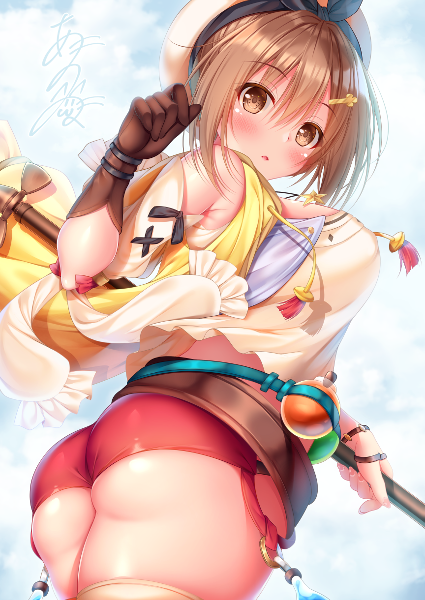1girl :o ass atelier_(series) atelier_ryza blush breasts brown_eyes brown_gloves brown_hair eyebrows_visible_through_hair fingernails gloves hair_ornament hairclip hat highres jacket jewelry looking_at_viewer medium_breasts necklace red_shorts reisalin_stout short_hair short_shorts shorts signature single_glove solo star star_necklace thigh-highs thighs white_headwear white_legwear yellow_jacket yunagi_amane