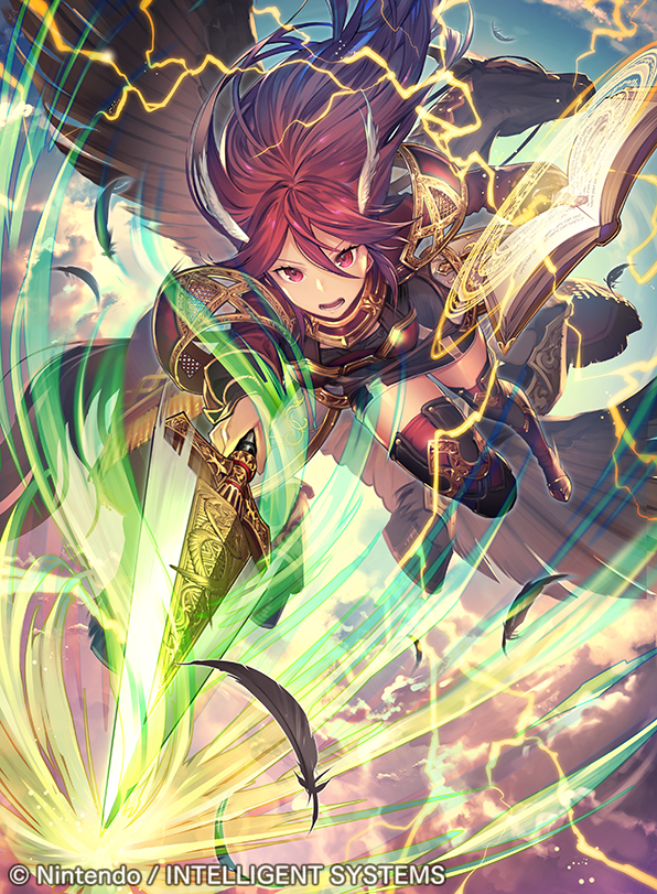1girl book company_name copyright_name cordelia_(fire_emblem) feathers fire_emblem fire_emblem_awakening fire_emblem_cipher hair_ornament holding holding_book holding_weapon lightning long_hair magic_circle official_art open_book open_mouth pegasus pegasus_knight polearm red_eyes redhead solo umiu_geso weapon wing_hair_ornament